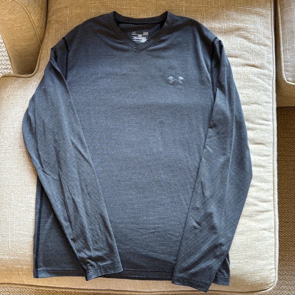 Under Armour grey and black stripped shirt.